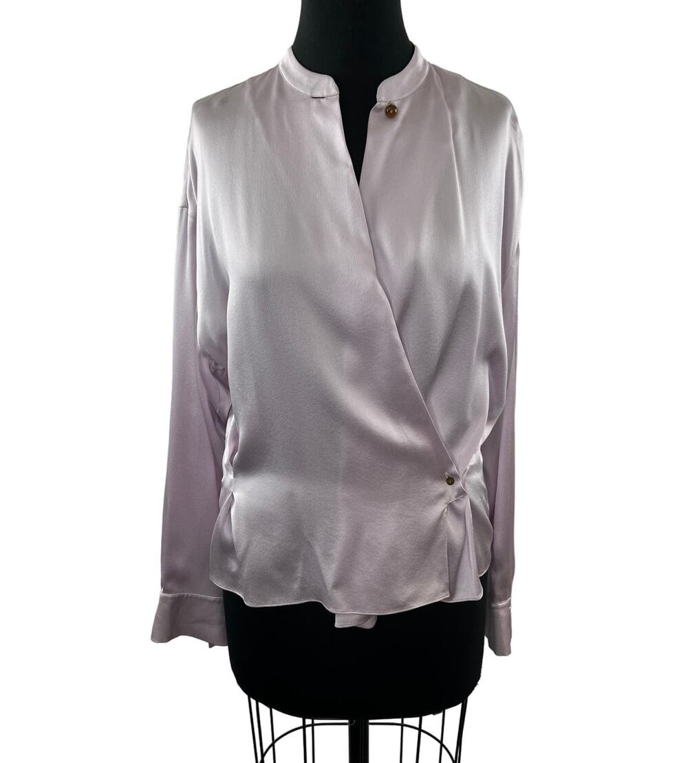 VINCE Satin Wrap Blouse Top Pink Mandarin Collar Long Sleeve Button Cuffs Size ?